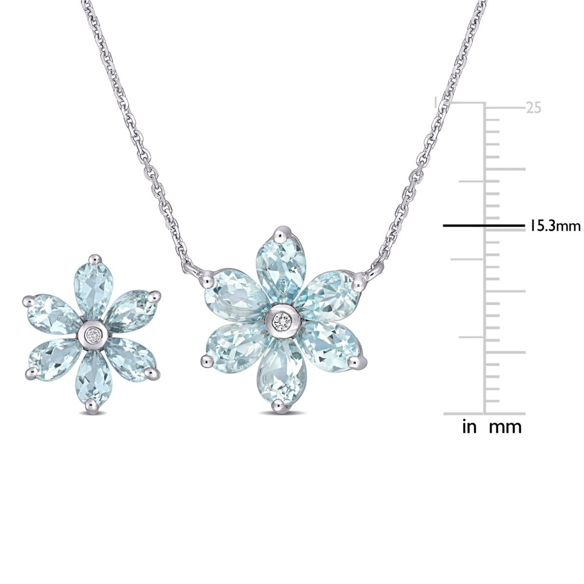 2-Piece Set of 4.55 ct. t.g.w. Aquamarine and 1/10 ct. t.w. Diamond Floral Earrings and Pendant with Chain in 14K White Gold