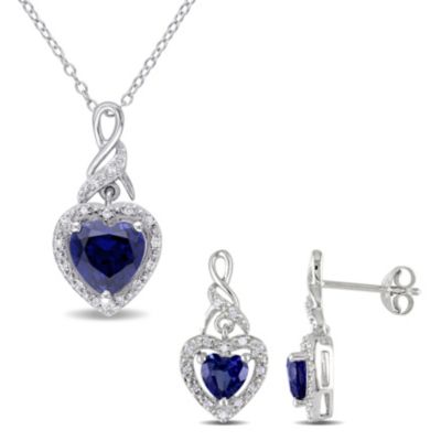 Belk & Co Lab Created 2-Piece Set of 3.40 ct. t.g.w. Blue Sapphire and 1/5 ct. t.w. Diamond Twisted Heart Earrings and Pendant with Chain in Sterling
