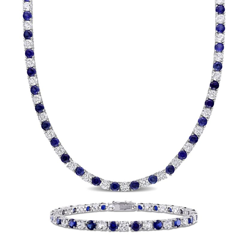 Lab Created 2-Piece set of 47.20 ct. t.g.w. Created Blue and White Sapphire Tennis Bracelet and Necklace in Sterling Silver