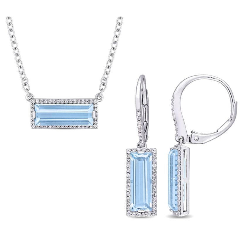 2-Piece Set of 9.55 ct. t.g.w. Sky Blue Topaz and White Sapphire Halo Earrings and Necklace in Sterling Silver