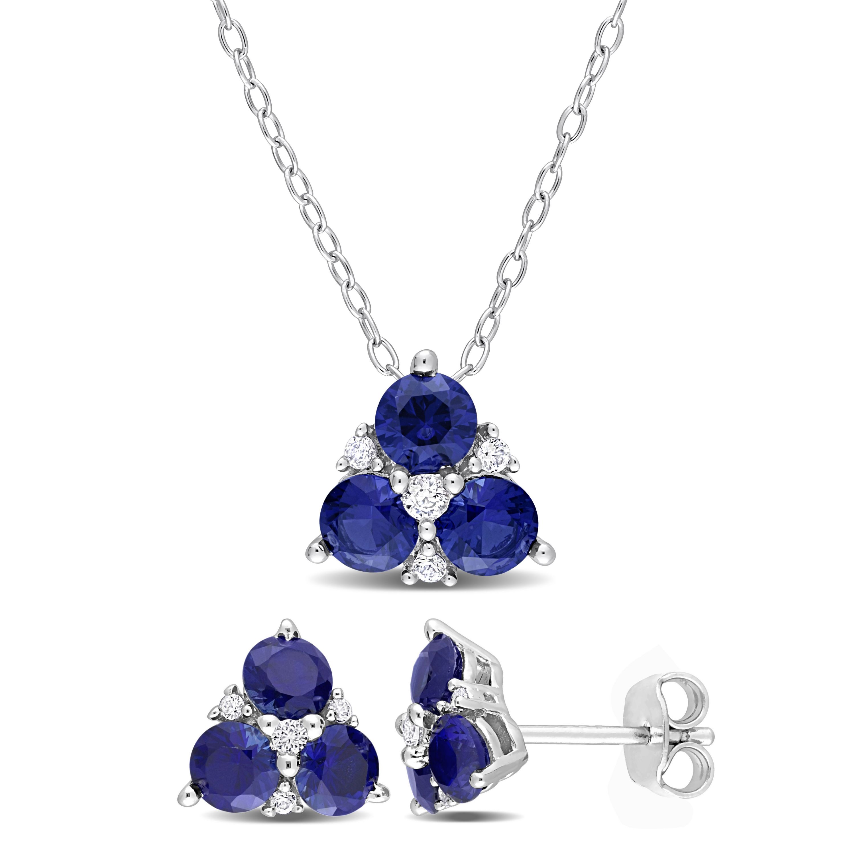 Lab Created 2-Piece Set of 3.35 ct. t.g.w. Created Blue Sapphire Created White Sapphire Fashion Post Earrings and Pendant Set Silver