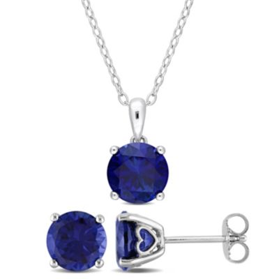 Belk & Co Lab Created 2-Piece Set of 7.2 ct. t.g.w. Blue Sapphire Earrings and Pendant with Chain in Sterling Silver