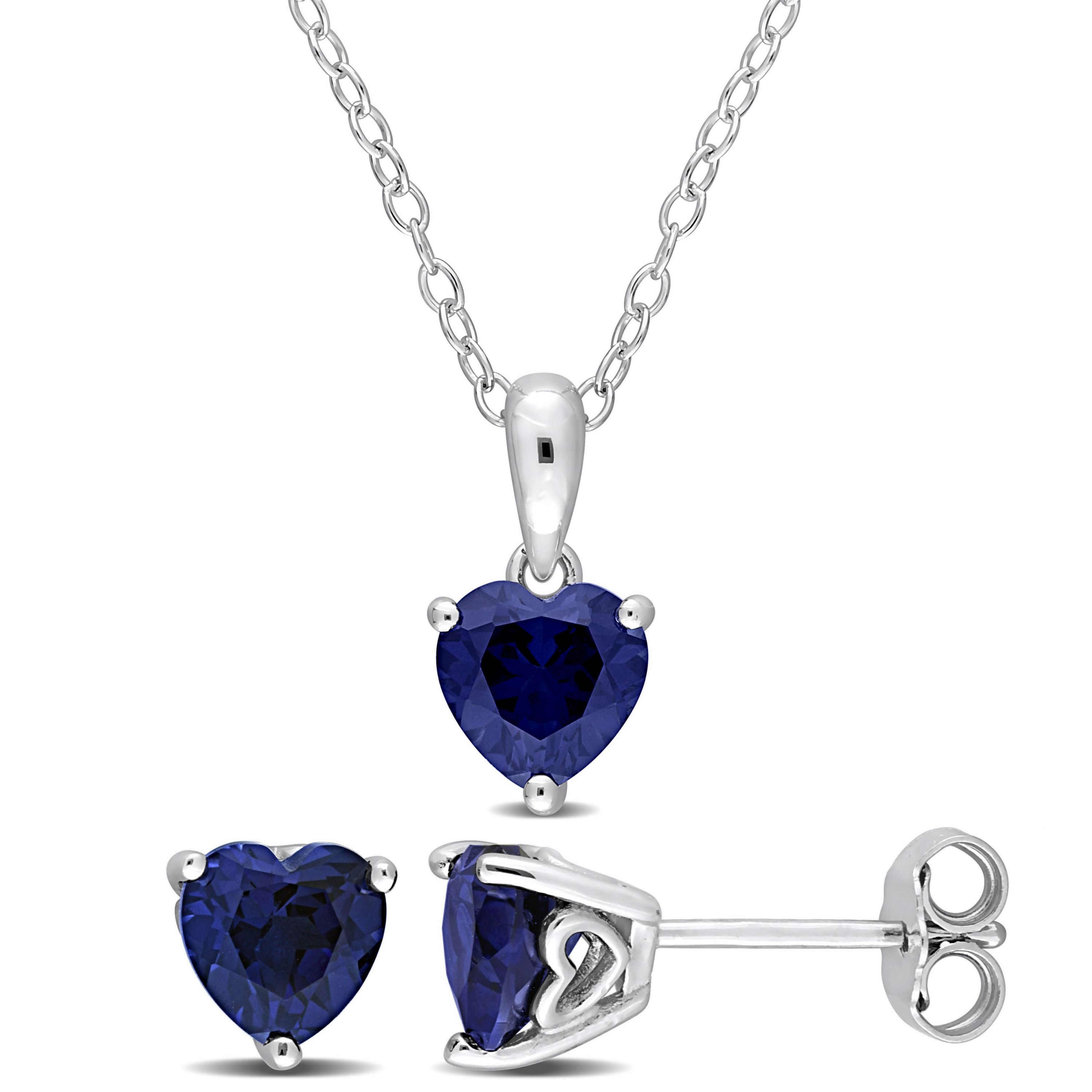 Lab Created 2-Piece Set of 2.70 ct. t.g.w. Created Blue Sapphire Solitaire Earrings and Pendant with Chain in Sterling Silver