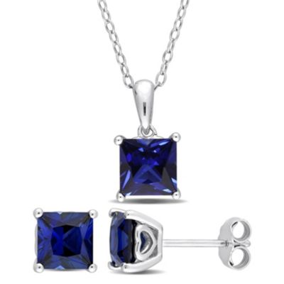 Belk & Co Lab Created 2-Piece Set of 4 ct. t.g.w. Created Blue Sapphire Solitaire Earrings and Pendant with Chain in Sterling Silver, White -  0075000463216