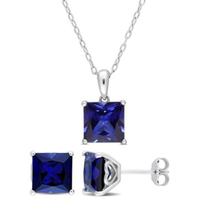 Belk & Co Lab Created 2-Piece Set of 8.65 ct. t.g.w. Blue Sapphire Solitaire Earrings and Pendant with Chain in Sterling Silver