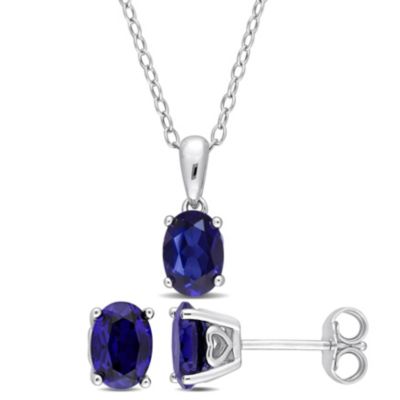 Belk & Co Lab Created 2-Piece Set of 3.80 ct. t.g.w. Blue Sapphire Solitaire Earrings and Pendant with Chain in Sterling Silver