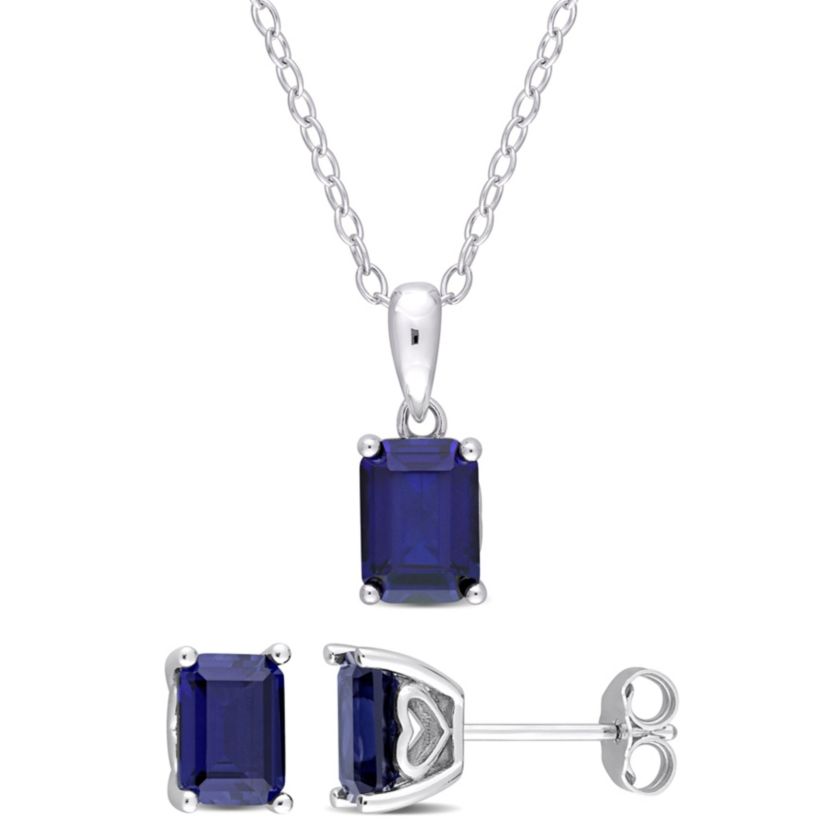 Lab Created 2-Piece Set of 4.75 ct. t.g.w. Created Blue Sapphire Earrings and Pendant with Chain in Sterling Silver