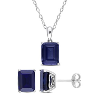Belk & Co Lab Created 2-Piece Set of 8.6 ct. t.g.w. Blue Sapphire Solitaire Earrings and Pendant with Chain in Sterling Silver