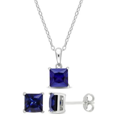 Belk & Co Lab Created 2-Piece Set of 4 ct. t.g.w. Created Blue Sapphire Earrings and Pendant with Chain in Sterling Silver, White -  0075000462424