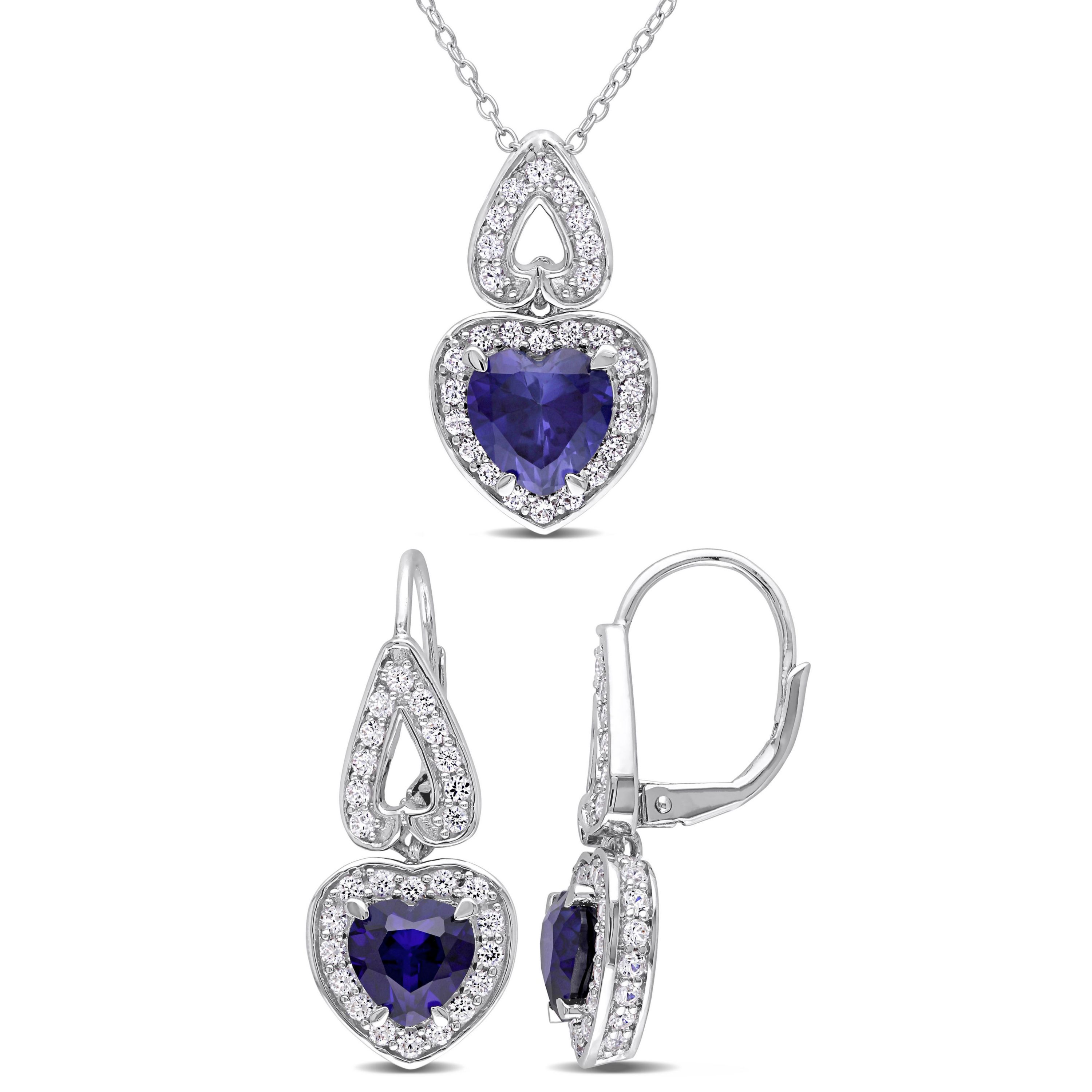Lab Created 2-Piece Set of 8.64 ct. t.g.w. Created Blue Sapphire and White Sapphire Earrings and Pendant with Chain in Sterling Silver