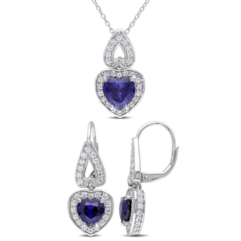 Lab Created 2-Piece Set of 8.64 ct. t.g.w. Created Blue Sapphire and White Sapphire Earrings and Pendant with Chain in Sterling Silver