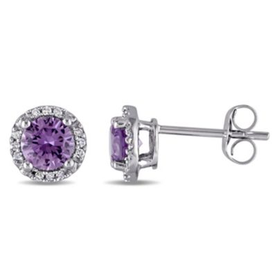 Belk & Co Lab Created Simulated Alexandrite And Diamond Accent Halo Stud Earrings In 10K White Gold