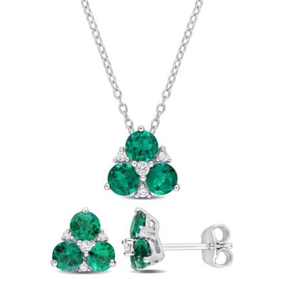 Belk & Co Lab Created 2-Piece Set of Emerald and White Sapphire Earrings and Pendant with Chain in Sterling Silver