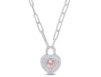 Belk & Co Lab Created Morganite and White Sapphire Heart Pendant with Chain in Sterling Silver