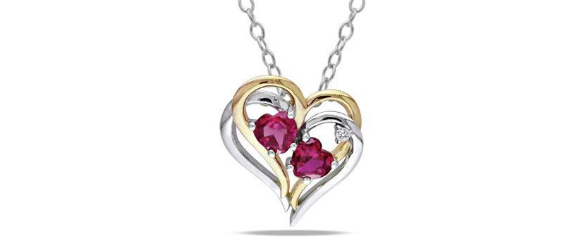Lab Created Created Ruby and 1/10 ct. t.w. Diamond Double Heart Pendant with Chain in Two-Tone Sterling Silver
