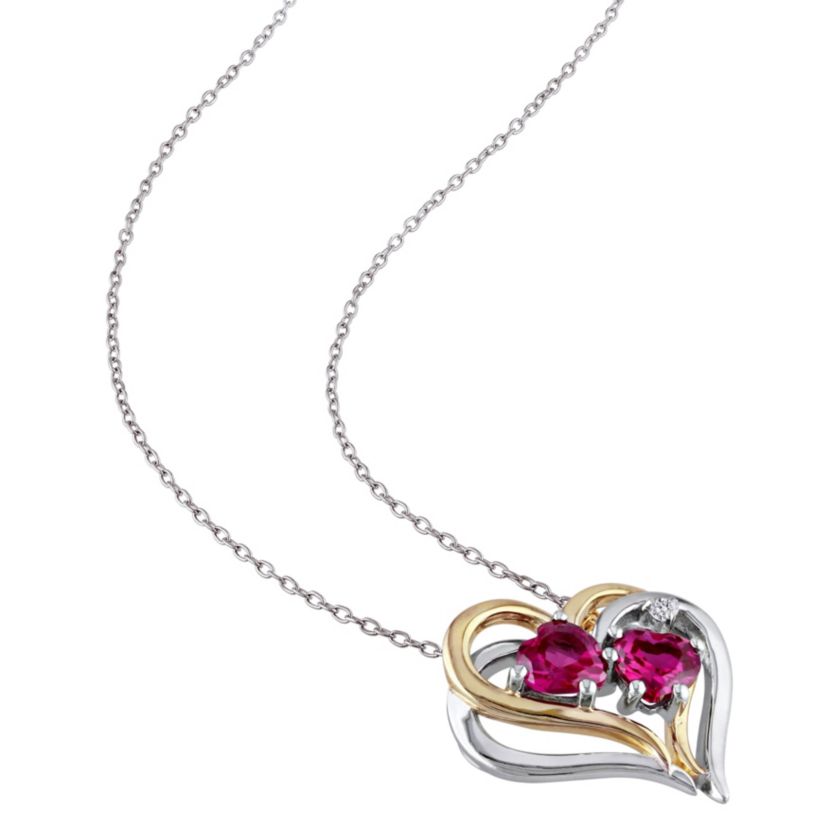 Lab Created Created Ruby and 1/10 ct. t.w. Diamond Double Heart Pendant with Chain in Two-Tone Sterling Silver