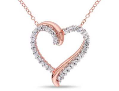 Belk & Co Lab Created White Sapphire Open Heart Pendant with Chain in Rose Plated Sterling Silver, Pink