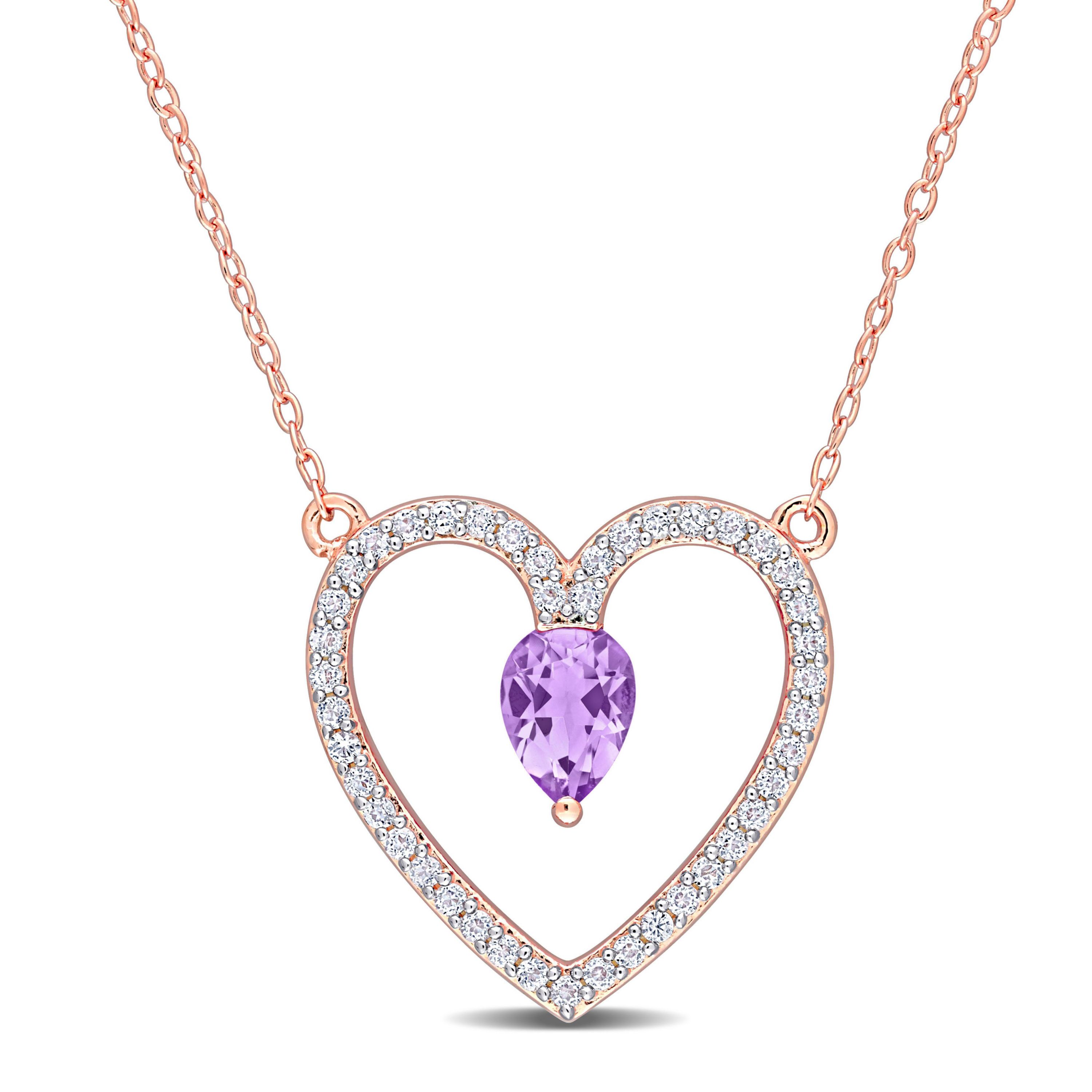 Amethyst and White Topaz Open Heart Pendant with Chain in Rose Plated Sterling Silver