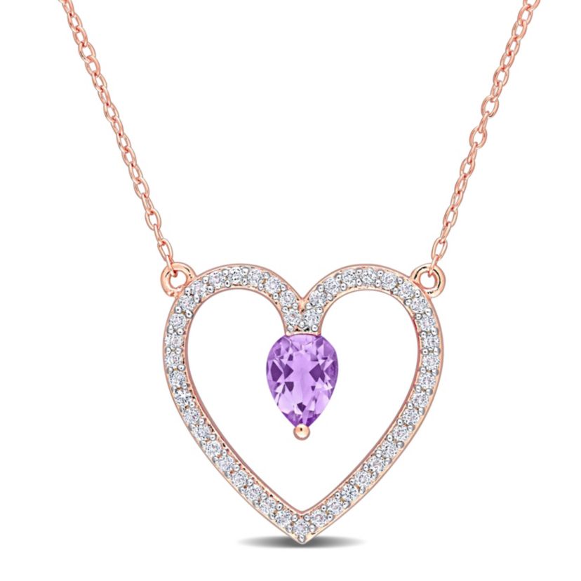 Amethyst and White Topaz Open Heart Pendant with Chain in Rose Plated Sterling Silver