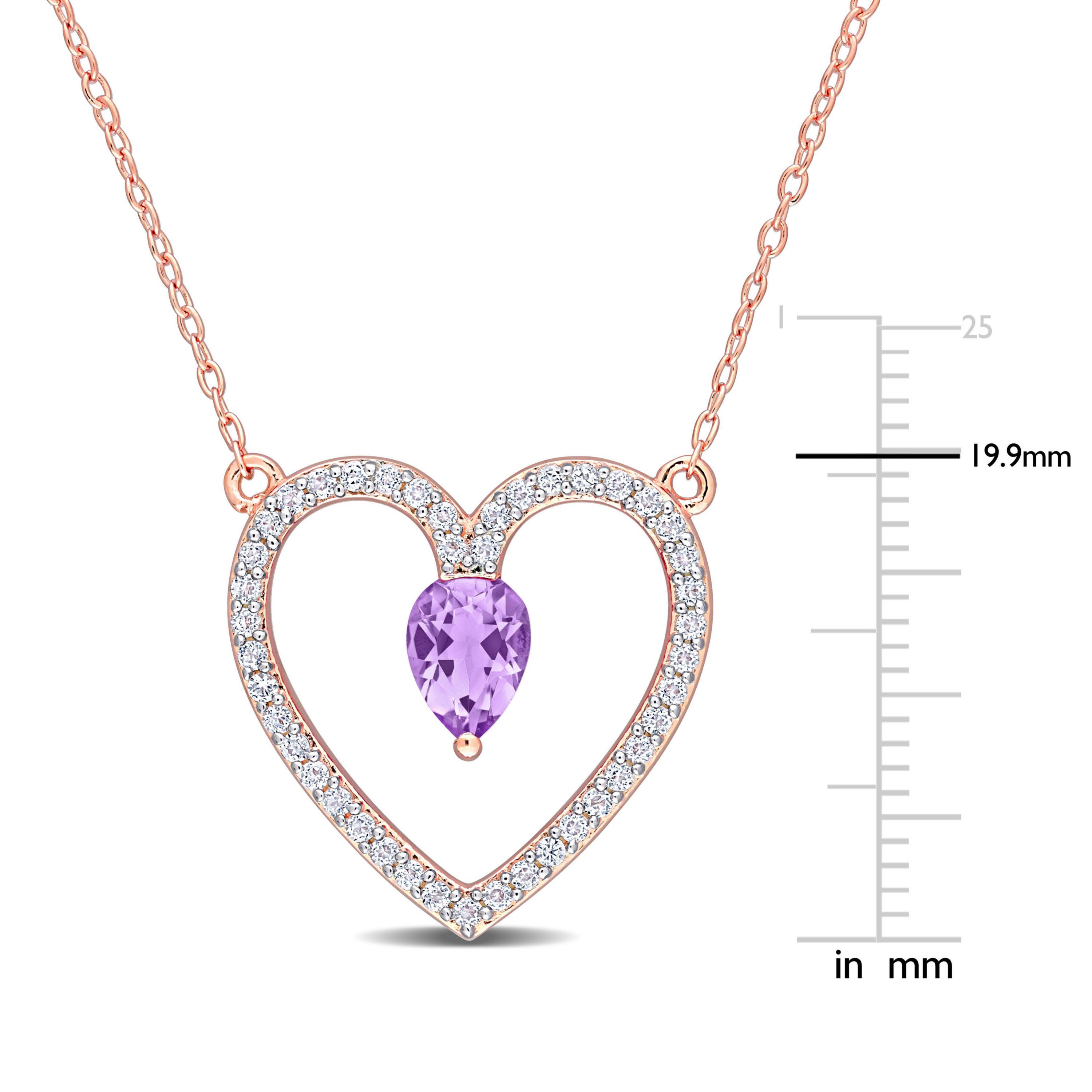 Amethyst and White Topaz Open Heart Pendant with Chain in Rose Plated Sterling Silver
