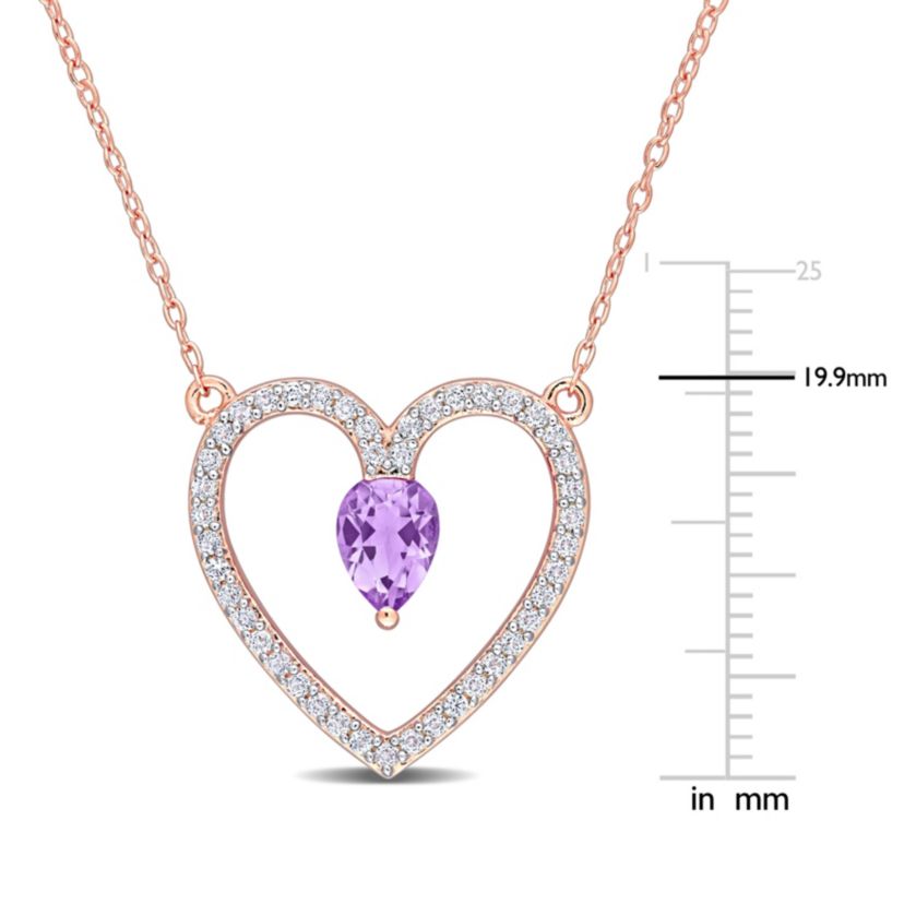 Amethyst and White Topaz Open Heart Pendant with Chain in Rose Plated Sterling Silver