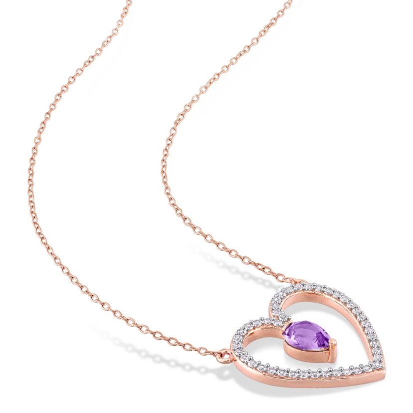 Amethyst and White Topaz Open Heart Pendant with Chain in Rose Plated Sterling Silver