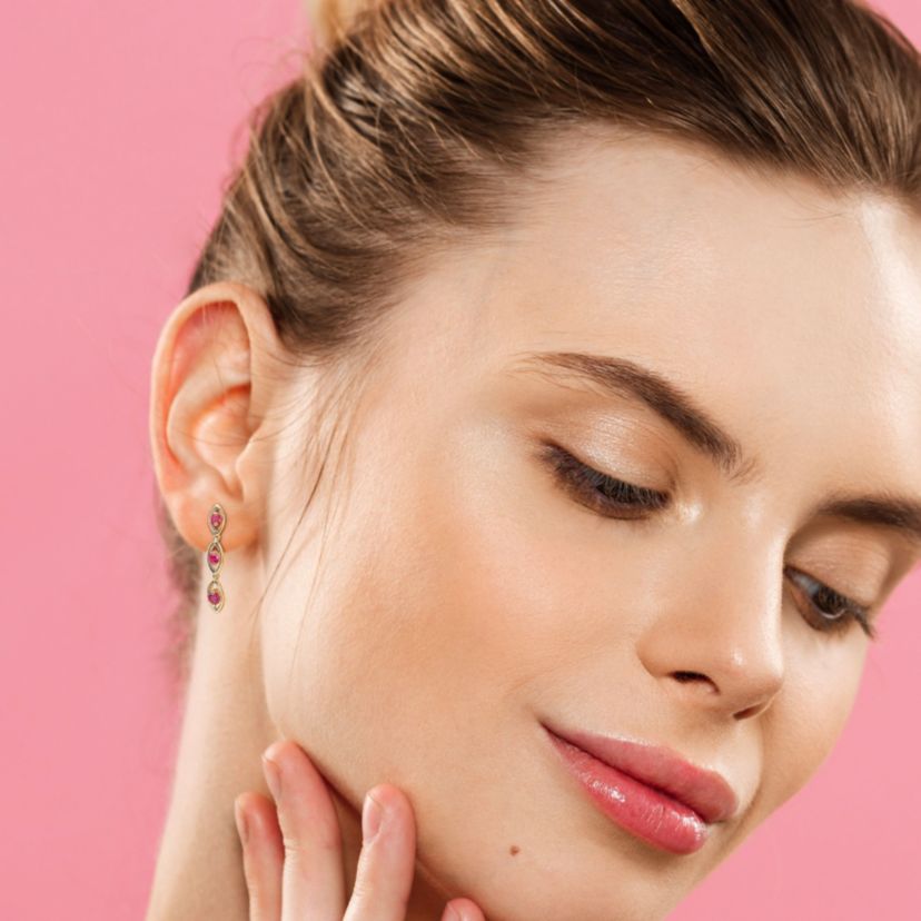 Lab Created Created Ruby Fashion Post Earrings in Yellow Plated Sterling Silver