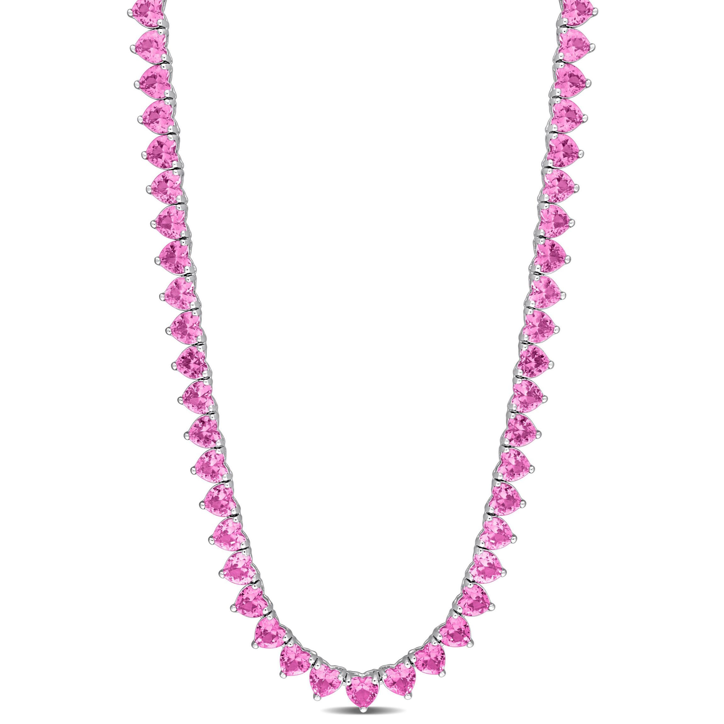 Lab Created Created Pink Sapphire Tennis Necklace in Sterling Silver