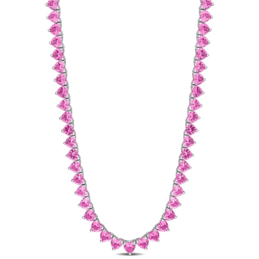 Lab Created Created Pink Sapphire Tennis Necklace in Sterling Silver