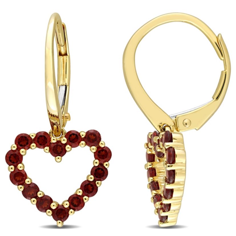 Garnet Open Heart LeverBack Earrings in 10K Yellow Gold