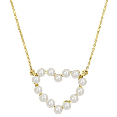 Belk & Co White Freshwater Cultured Pearl Open Heart Pendant with Chain in 14K Yellow Gold