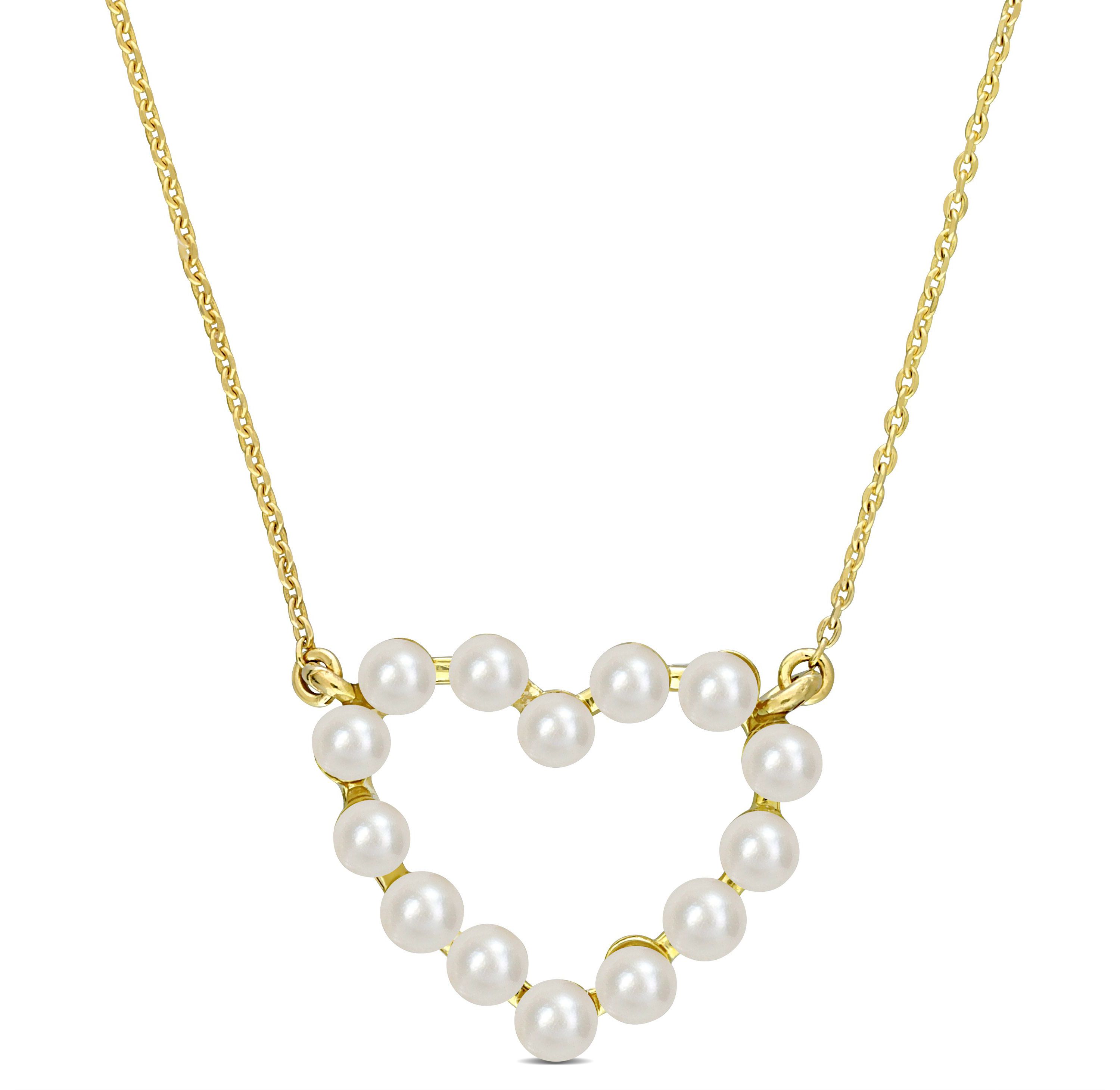 White Freshwater Cultured Pearl Open Heart Pendant with Chain in 14K Yellow Gold