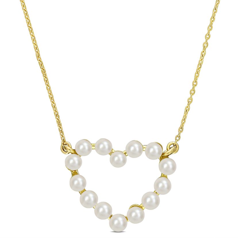 White Freshwater Cultured Pearl Open Heart Pendant with Chain in 14K Yellow Gold