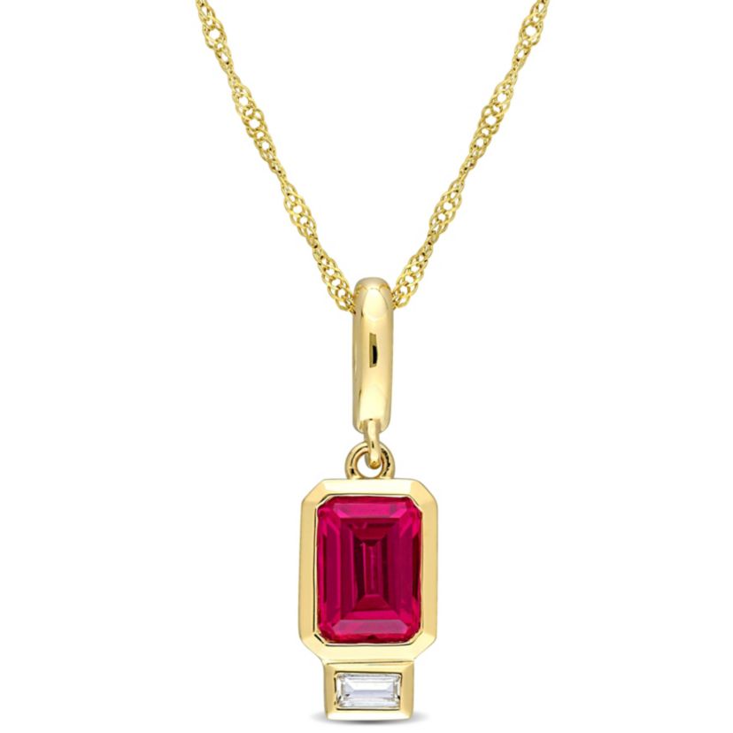 Lab Created Created Ruby and Created White Sapphire Charm Pendant with Chain in 14K Yellow Gold