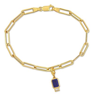 Belk & Co Lab Created Created Blue and Created White Sapphire Oval Link Charm Bracelet in Yellow Plated Sterling Silver