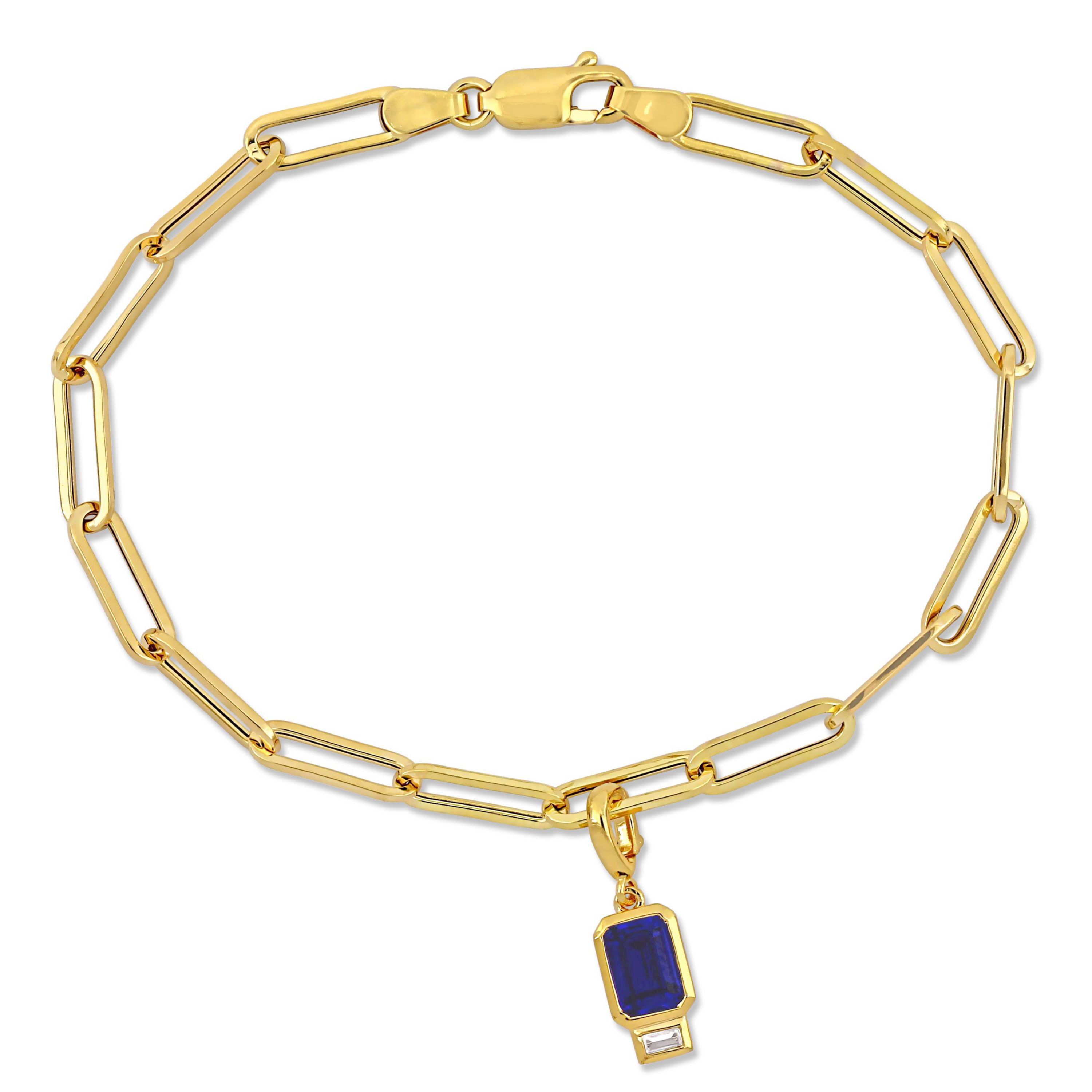 Lab Created Created Blue and Created White Sapphire 4.3 MM Oval Link Charm Bracelet in 14K Yellow Gold