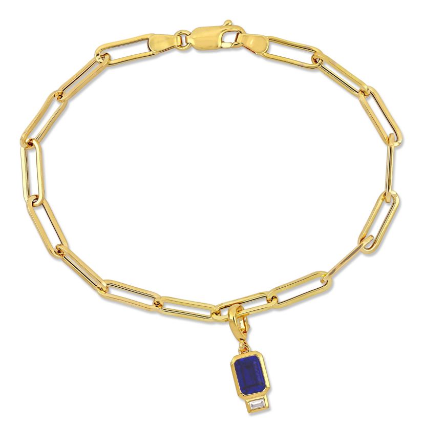 Lab Created Created Blue and Created White Sapphire 4.3 MM Oval Link Charm Bracelet in 14K Yellow Gold