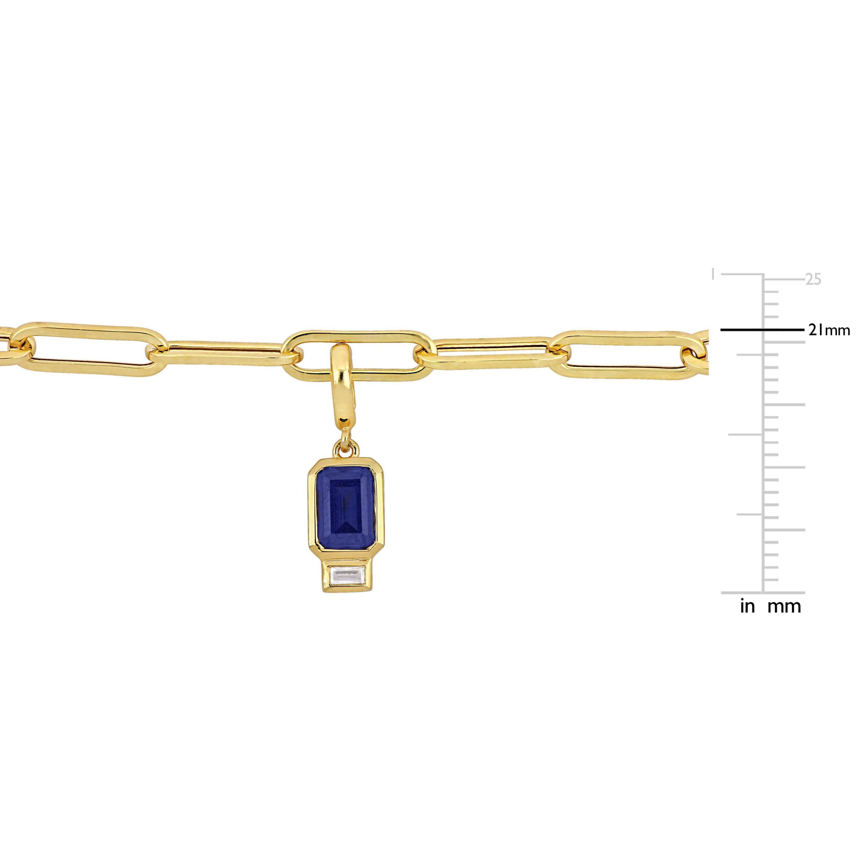 Lab Created Created Blue and Created White Sapphire 4.3 MM Oval Link Charm Bracelet in 14K Yellow Gold