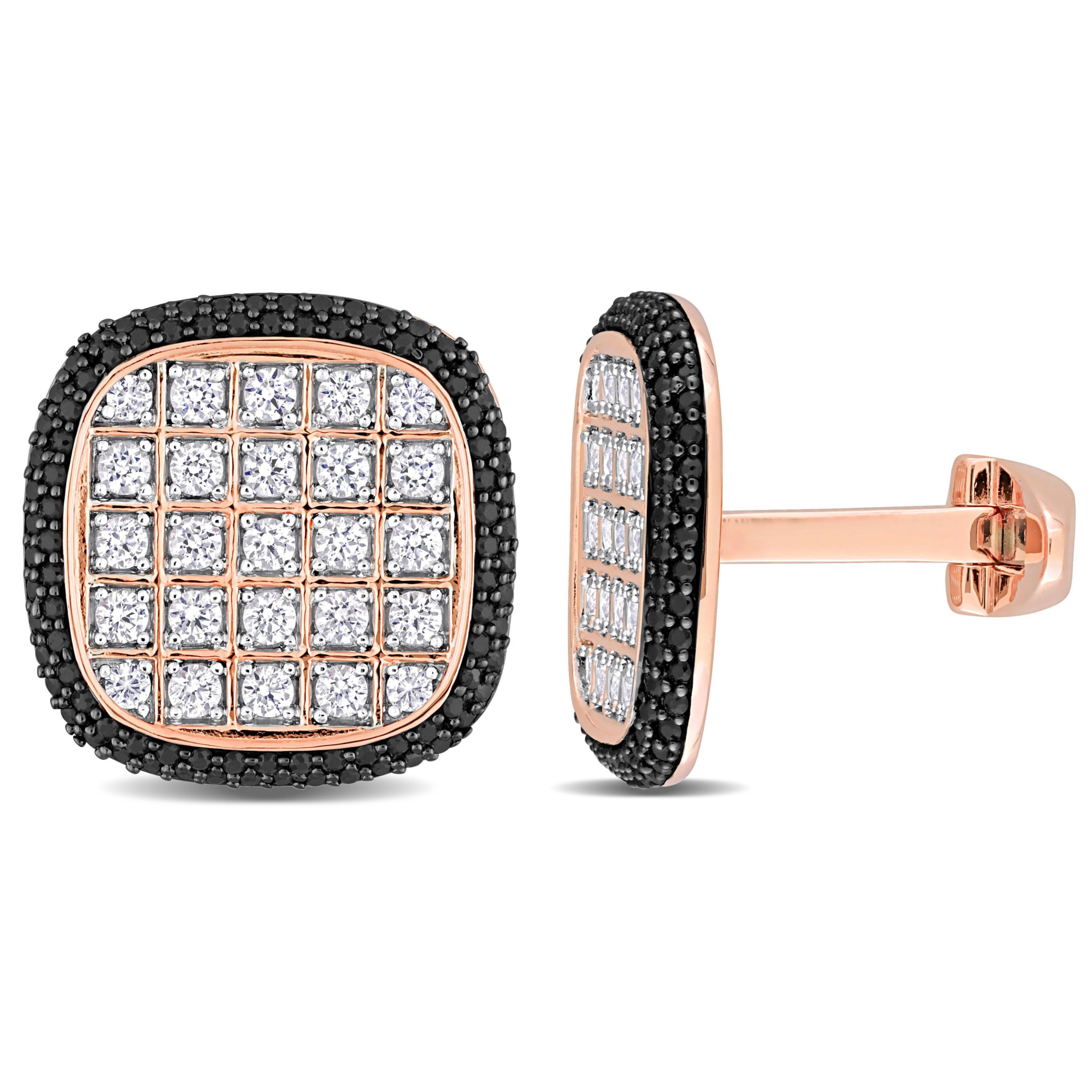 Lab Created Created White Sapphire and Black Spinel Cufflink in Rose Plated Sterling Silver with Black Rhodium Plated