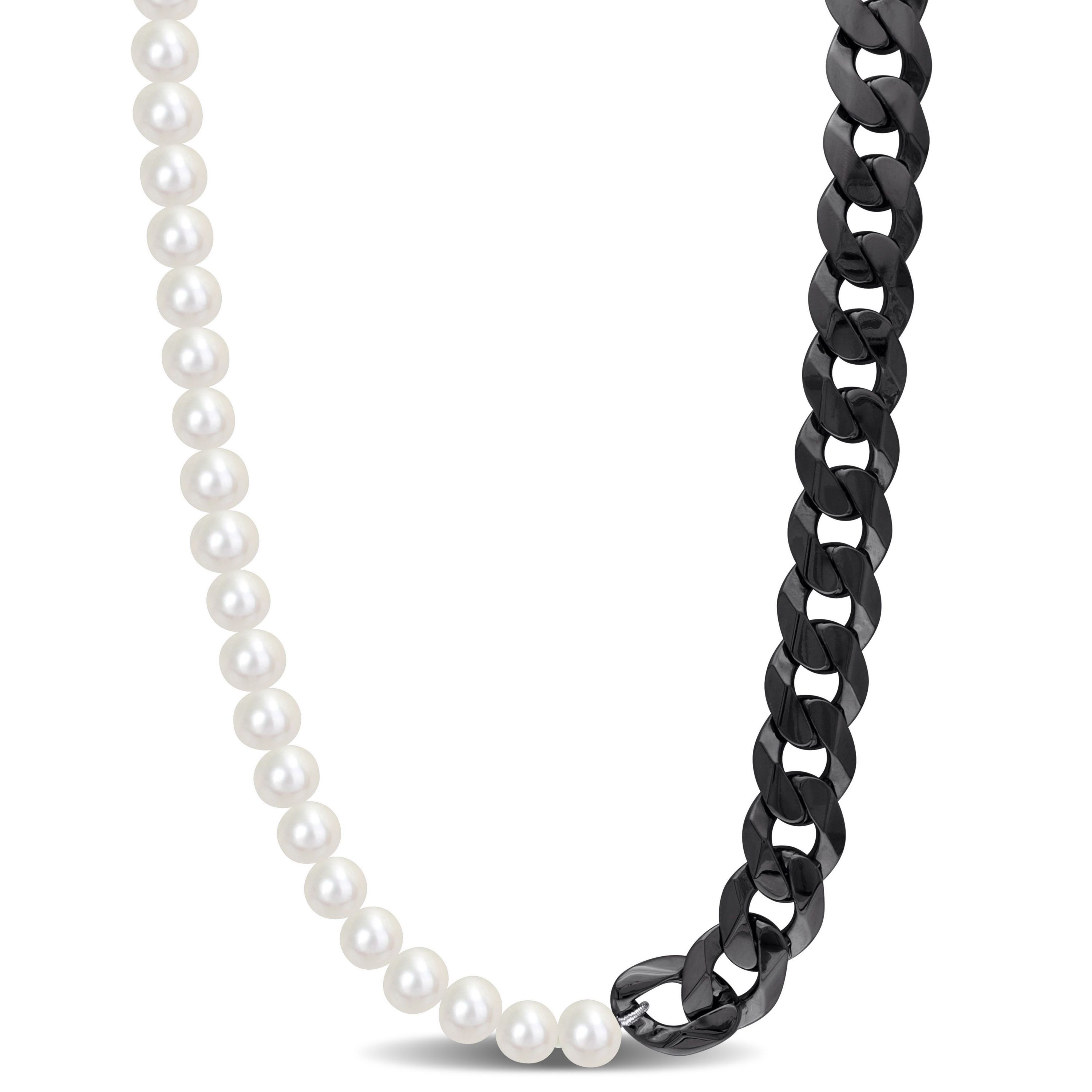 Freshwater Cultured Pearl with Curb Link Chain in Sterling Silver with Black Rhodium Plated
