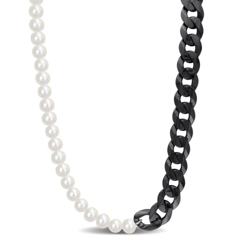 Freshwater Cultured Pearl with Curb Link Chain in Sterling Silver with Black Rhodium Plated