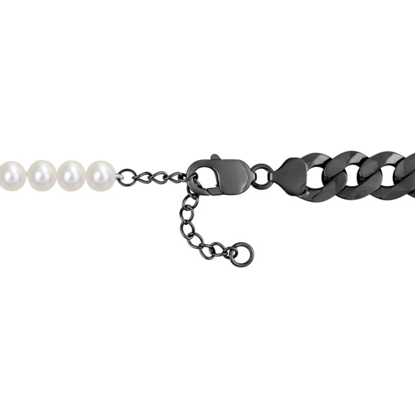 Freshwater Cultured Pearl with Curb Link Chain in Sterling Silver with Black Rhodium Plated