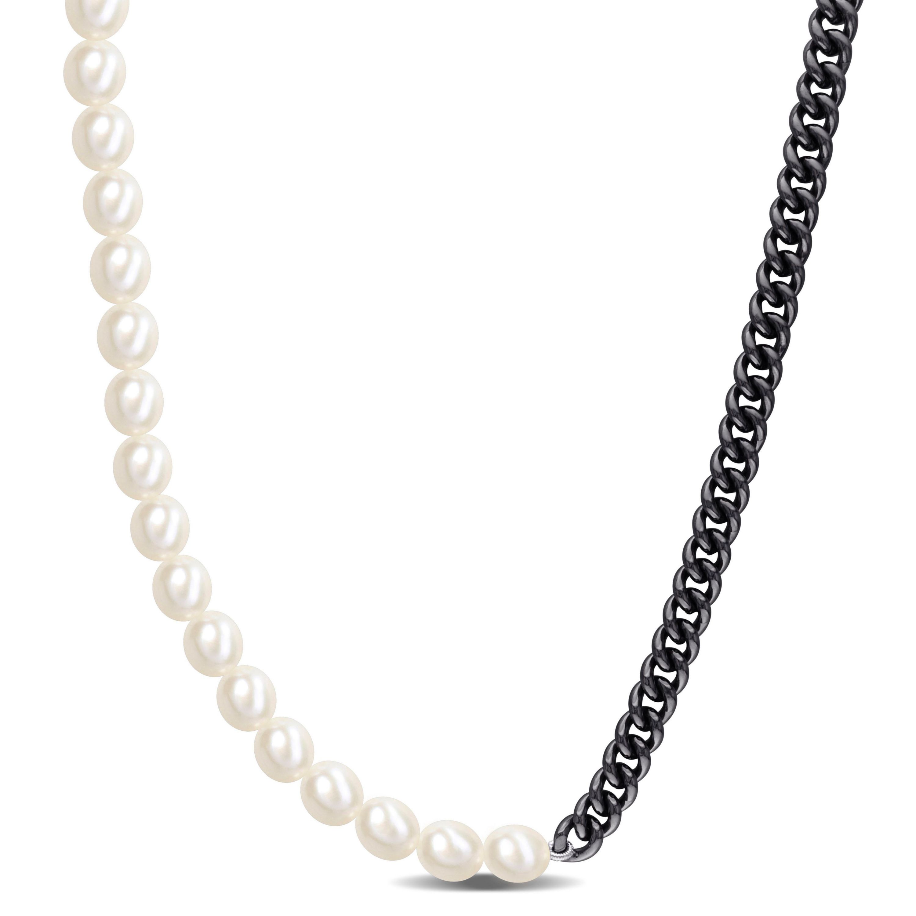 Freshwater Cultured Pearl with Curb Link Chain Mens Necklace in Sterling Silver with Black Rhodium Plated
