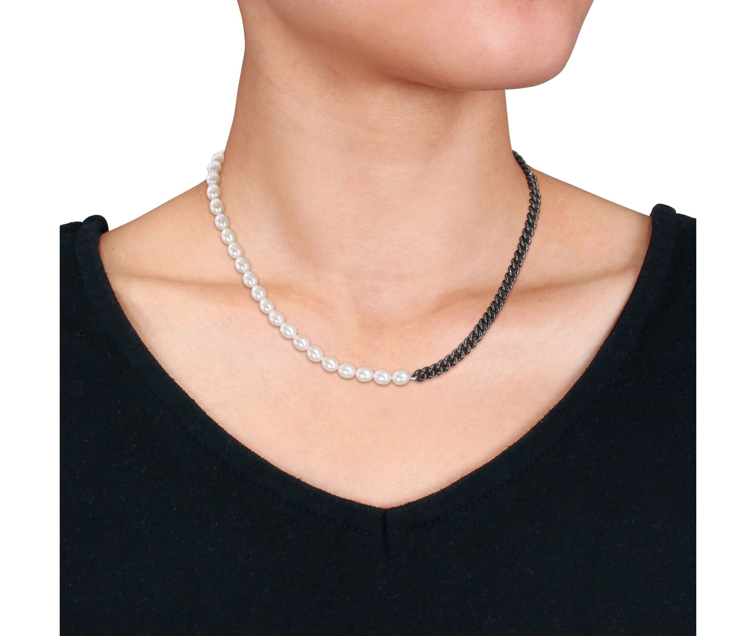 Freshwater Cultured Pearl with Curb Link Chain Mens Necklace in Sterling Silver with Black Rhodium Plated