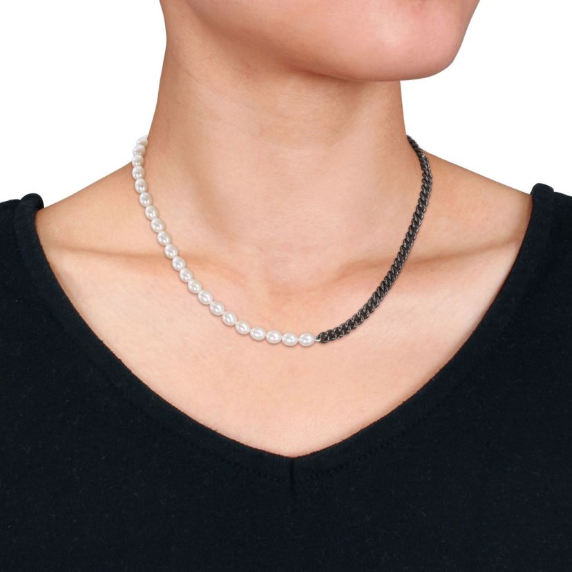 Freshwater Cultured Pearl with Curb Link Chain Mens Necklace in Sterling Silver with Black Rhodium Plated