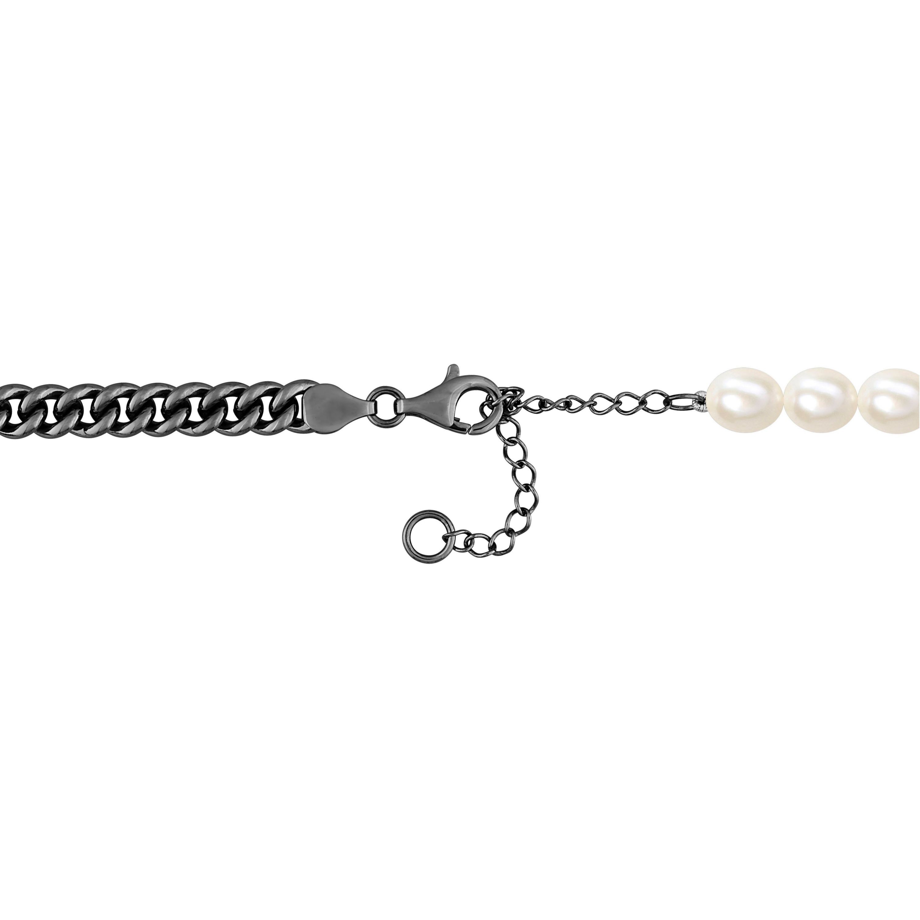 Freshwater Cultured Pearl with Curb Link Chain Mens Necklace in Sterling Silver with Black Rhodium Plated