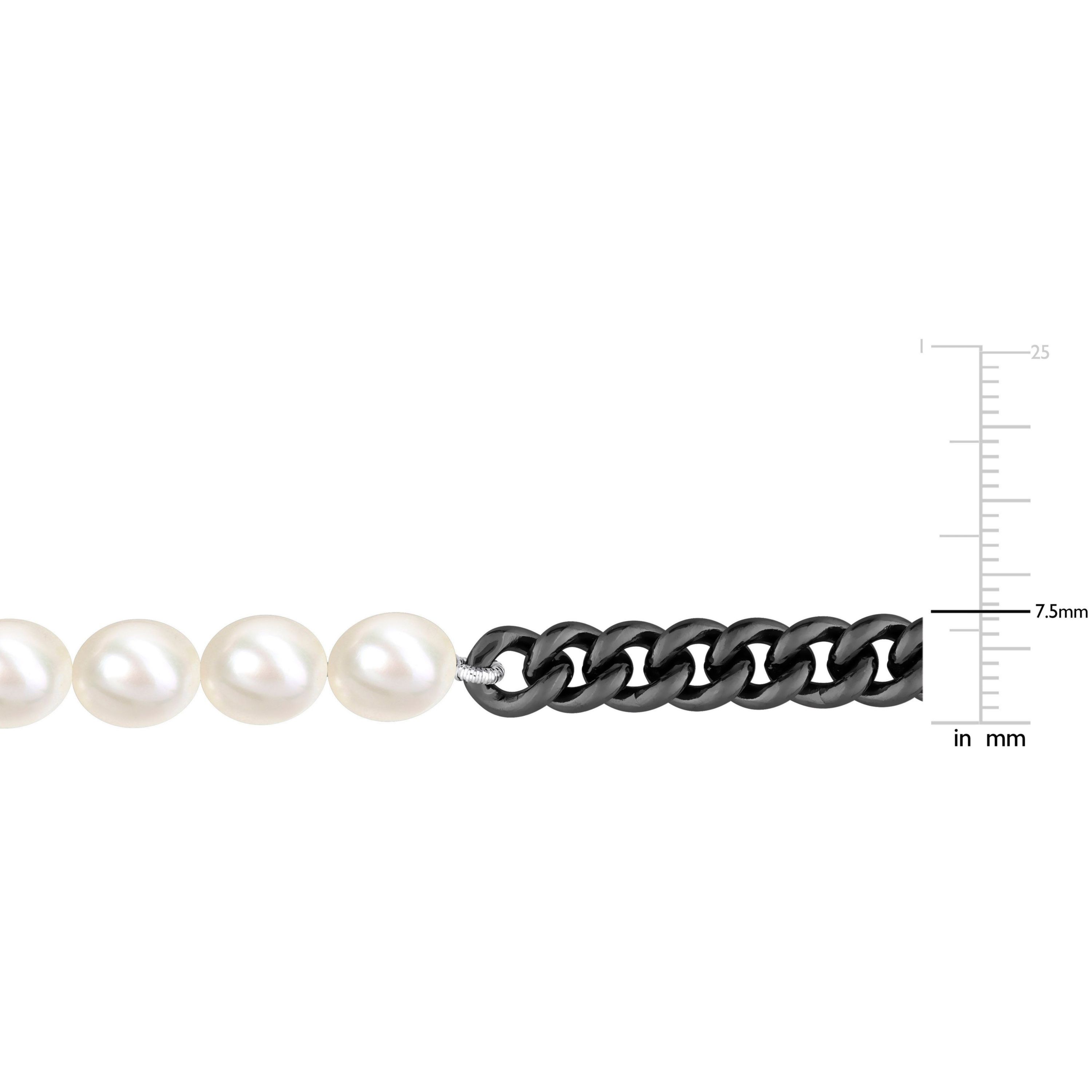 Freshwater Cultured Pearl with Curb Link Chain Mens Necklace in Sterling Silver with Black Rhodium Plated