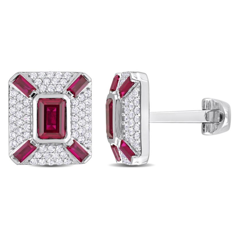 Lab Created Created Ruby and Created White Sapphire Cufflink in Sterling Silver