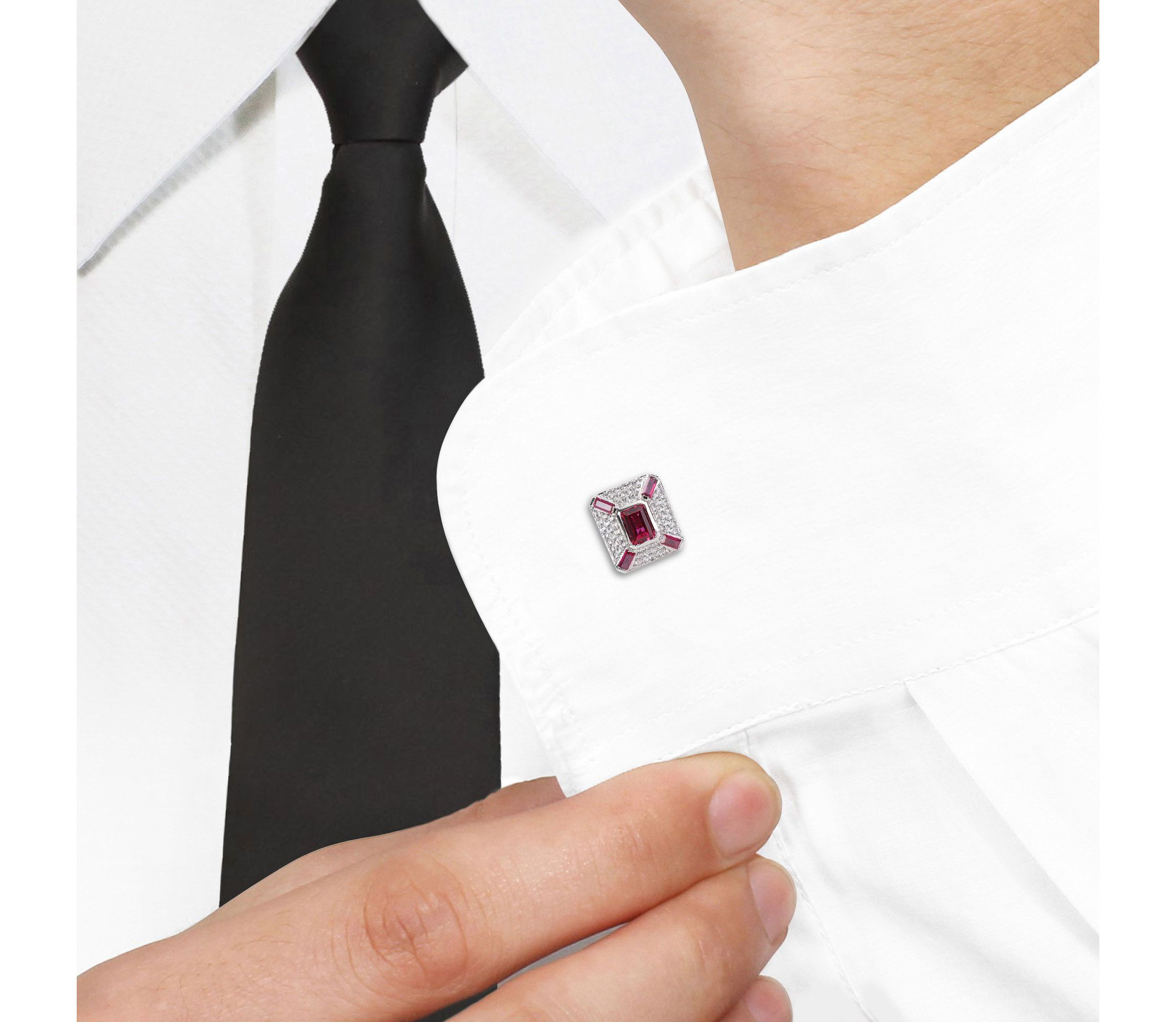 Lab Created Created Ruby and Created White Sapphire Cufflink in Sterling Silver