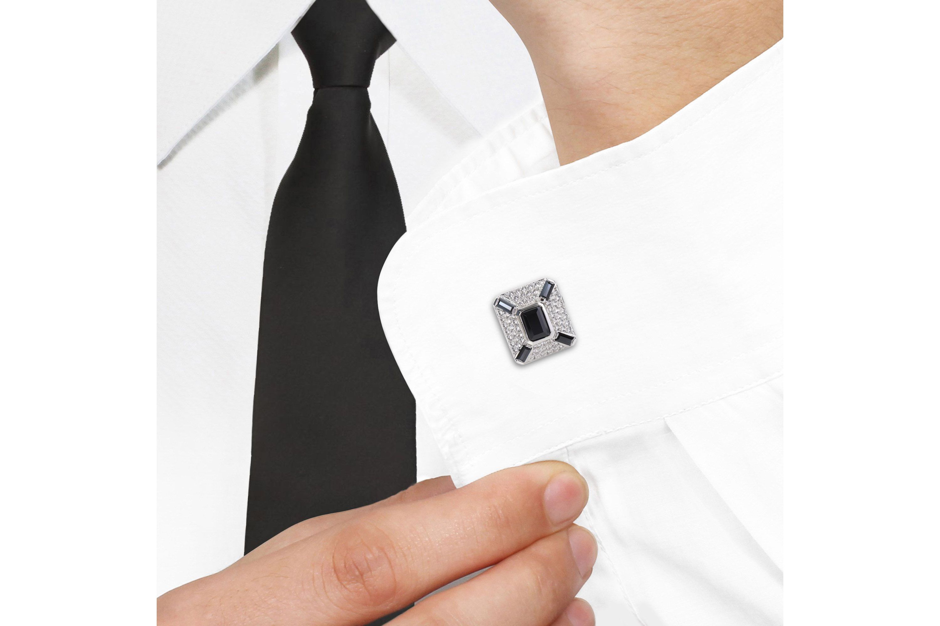 Lab Created Black Spinel and Created White Sapphire Cufflink in Sterling Silver